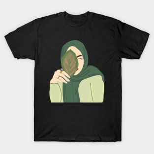 Hijabi Muslim Woman holding a Leaf T-Shirt